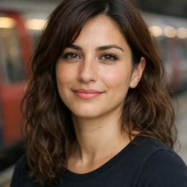 Young woman with auburn wavy hair and hazel eyes, sharp against blurred platform lights