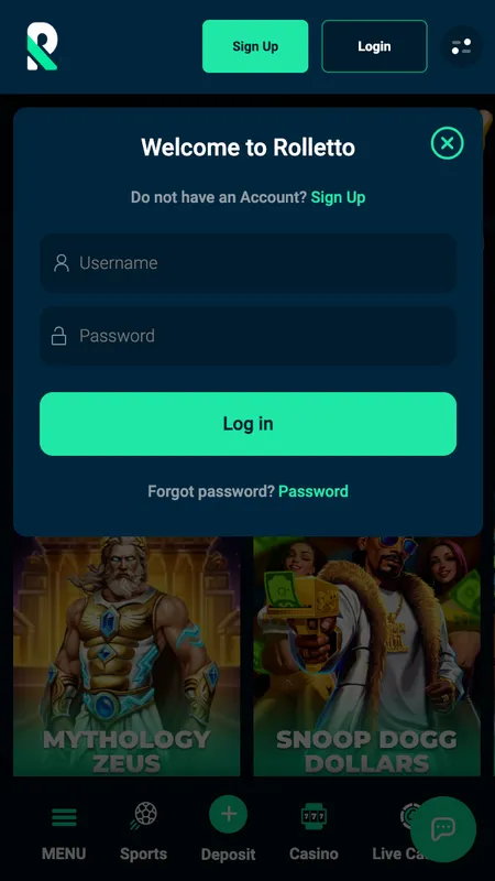 Rolletto Casino login screen after registration